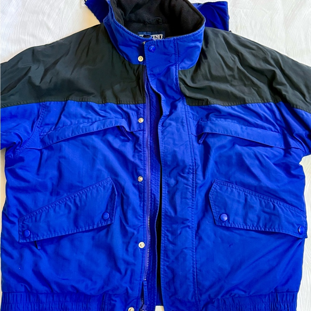 Vtg Lands’ End 90s Blue Black Ski Jacket Unisex  L 42-44 DuPont MicroLoft Hood